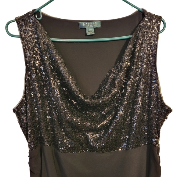 Lauren Ralph Lauren Black Sequin Cowl Neck Ruched Evening Gown Dress 18W Cocktai - Picture 3 of 6
